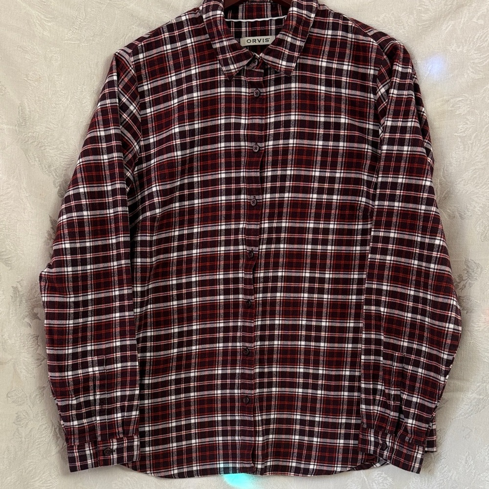 Orvis Women's Red and White Plaid Button Down Shirt